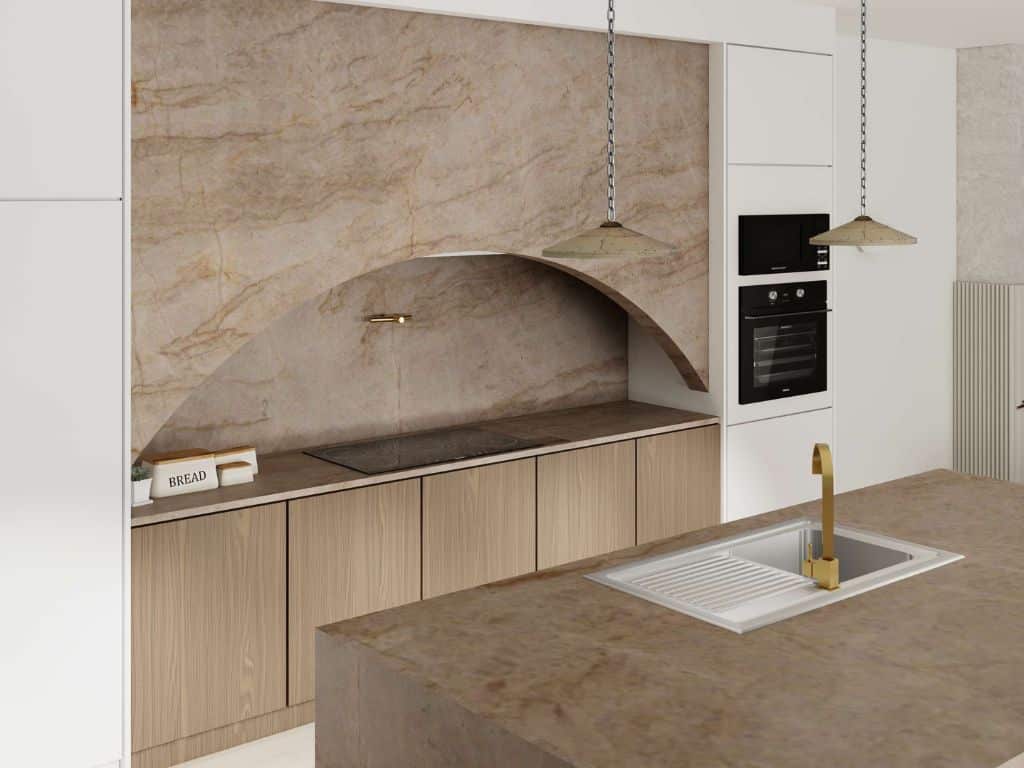 Luxury modern kitchen with a large marble-patterned arch splashback, gold tap, and high-end LVT flooring.
